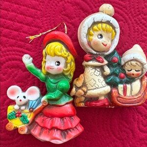 Vintage blow mold made in Japan Christmas ornament set Girl puppy 3D plastic